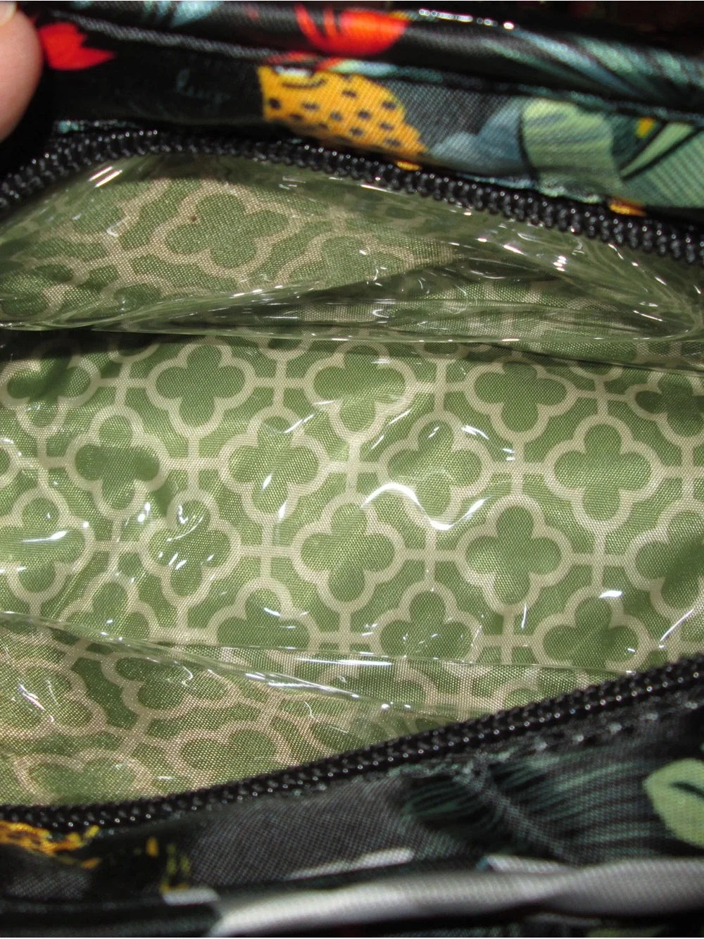 lug Tropical Animal Print Cosmetic Bag in Black with Green and Orange Accents